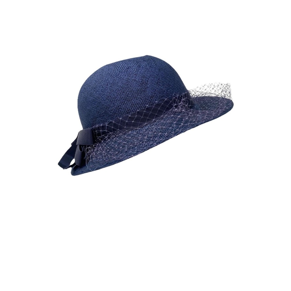Vintage Womens Miss Bierner Navy Blue Straw Hat Bow Netting Church Easter Derby - Picture 4 of 6